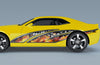 fire dragon wave vinyl graphics on the side of yellow mustang car